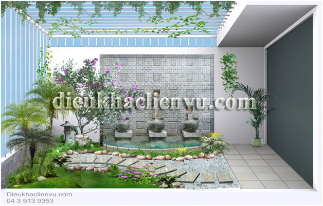 Tiểu cảnh đẹp kết hợp phù điêu